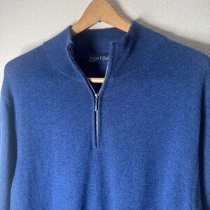 Peter Elliot 100% Cashmere 1/4‎ Zip Pullover Sweater Mens Blue Luxury XL Large